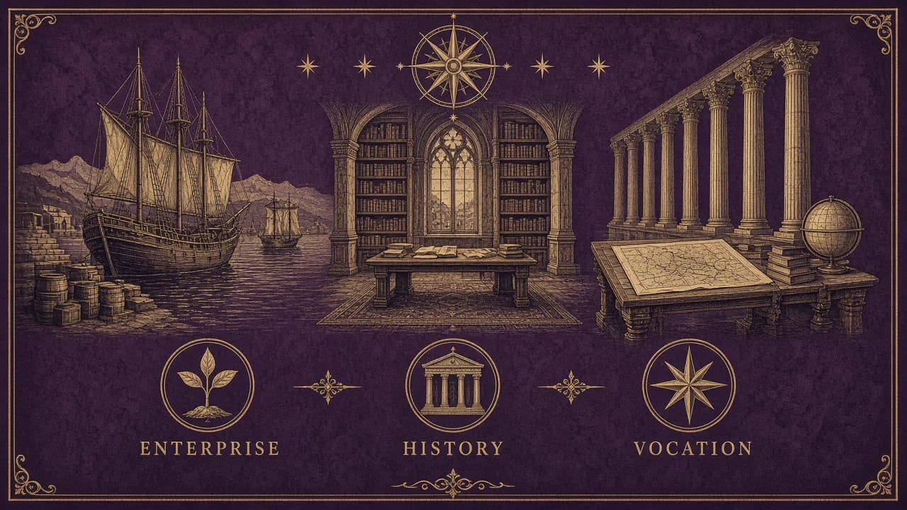A harbor, a library, and a colonnade, with crests for enterprise, history, and vocation.